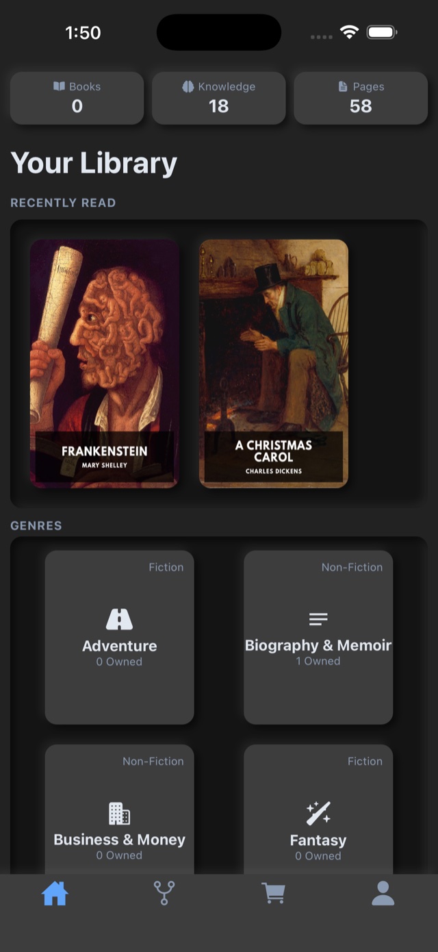 Grasp library screen showing Frankenstein and A Christmas Carol with reading stats