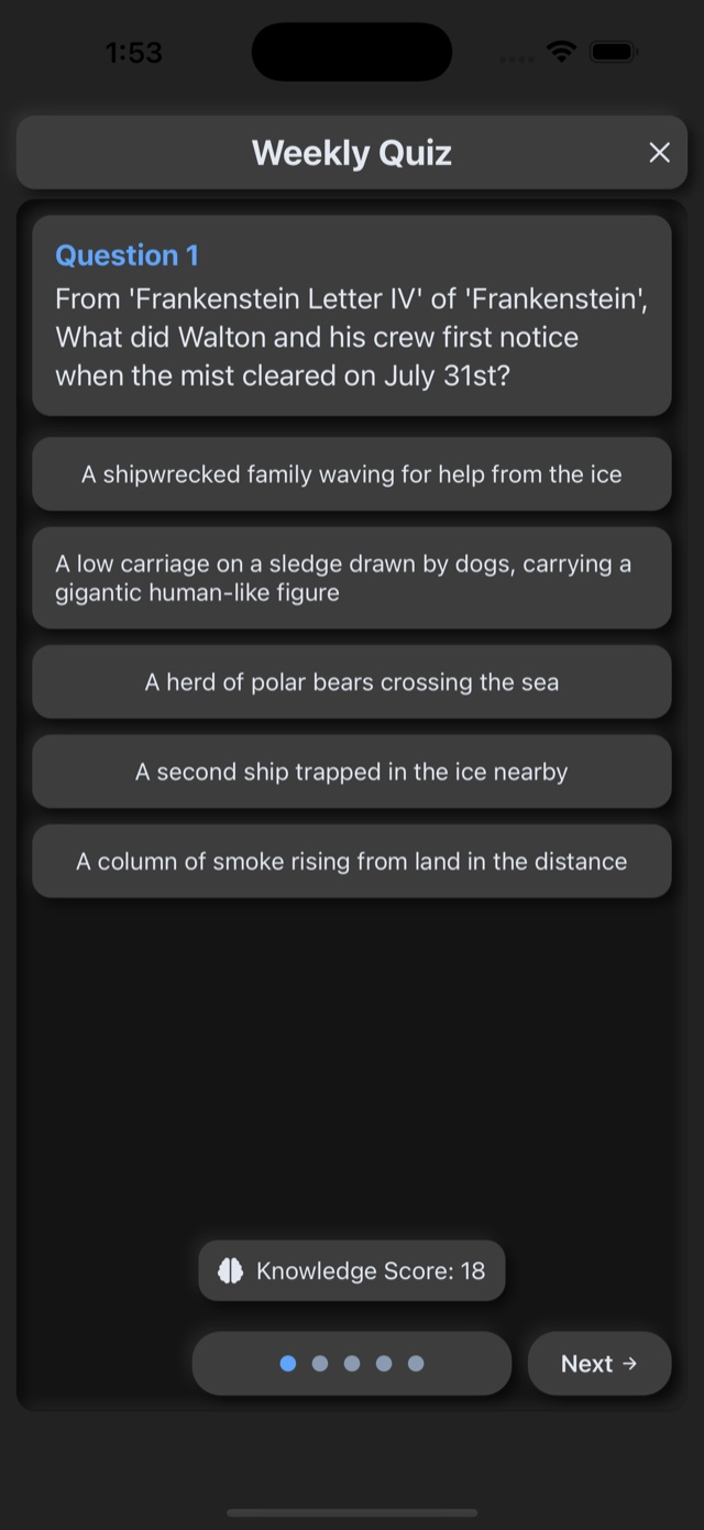 Weekly quiz screen asking a question about Frankenstein